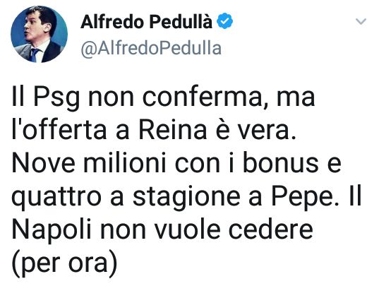 Pedulla su Reina:" l’offerta Psg è seria e concreta il Napoli non vuole trattare. Reina è molto allettato dall'offerta dei francesi.