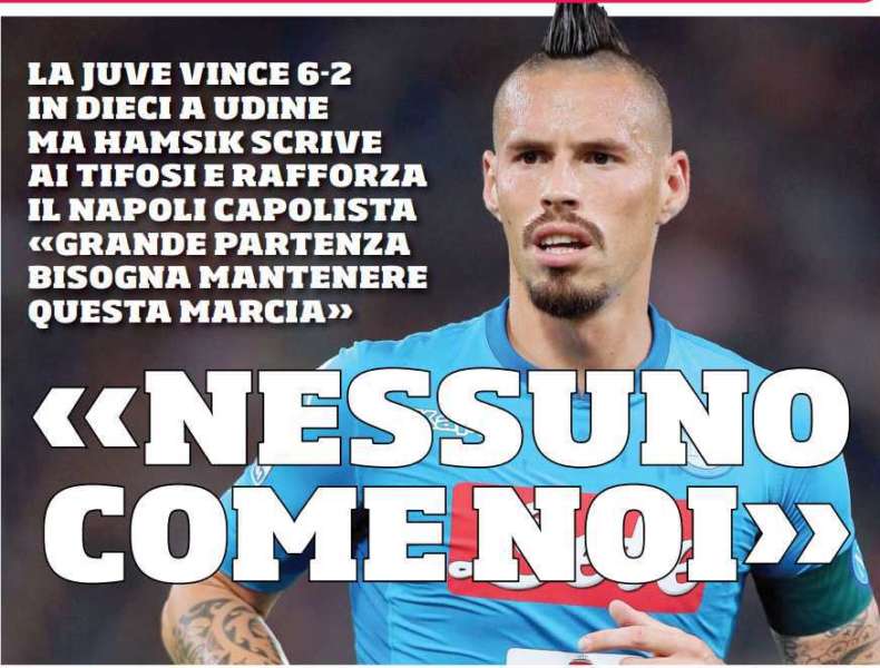 Hamsik scrive ai tifosi e rafforza il Napoli capolista. Il capitano del Napoli  elogia Handanovic e suona la carica. Mercoledì il Genoa.