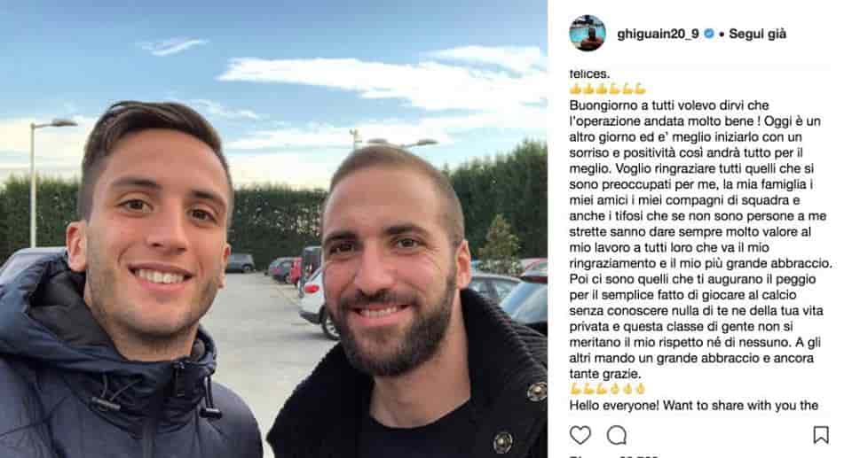 Higuain operazione riuscita. Lo comunica lo stesso attaccante della Juve su Instagram. Il pipita lancia messaggio e polemica 