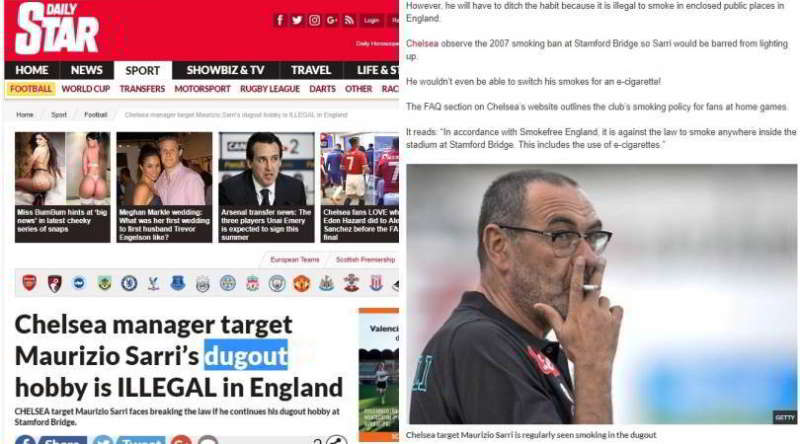 In Inghilterra scoppia la Sarri Mania. La stampa inglese pazza dell'ormai ex tecnico del Napoli che tratta con i 'Chelsea'. Nel Regno Unito  i tabloid parlano e ne raccontano la storia, l'immancabile sigaretta e il Sarrismo.