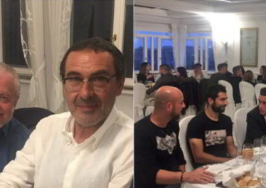 Durante la cena a Villa D'Angelo Aurelio De Laurenttis comunica il premio champions alla squadra. Tanti complimenti per la bella stagione.