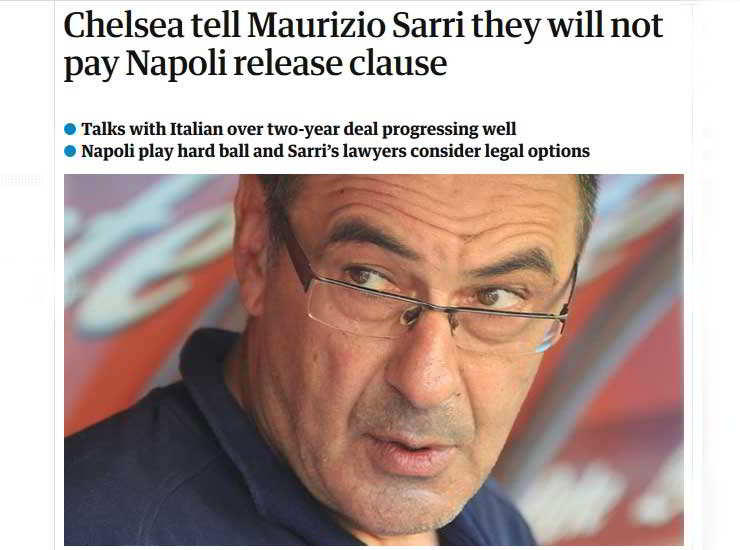 Il Chelsea non pagherà la clausola di Sarri. Situazione complessa, potrebbe intervenire la Fifa. Gli avvocati sono a lavoro per liberare Sarri dal suo contratto dal Napoli.