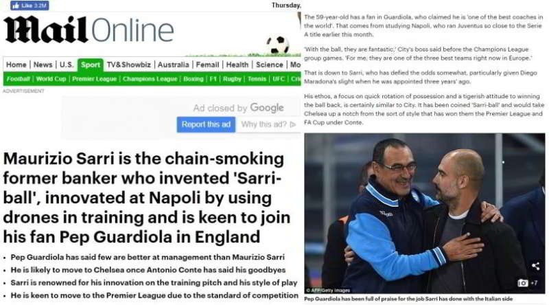 In Inghilterra scoppia la Sarri Mania. La stampa inglese pazza dell'ormai ex tecnico del Napoli che tratta con i 'Chelsea'. Nel Regno Unito  i tabloid parlano e ne raccontano la storia, l'immancabile sigaretta e il Sarrismo.
