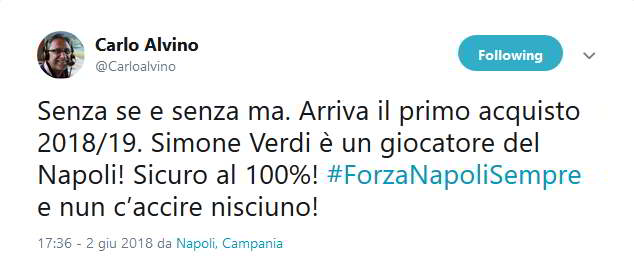 Verdi è un giocatore del Napoli al 100%, lo annuncia il giornalista Carlo Alvino dal proprio profilo Twitter.