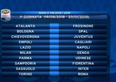 Calendaro serie A 2018/19. Si parte con Lazio-Napoli. La Juve alla settima