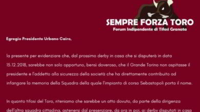 Lettera dei tifosi del Torino a Cairo: "Agnelli e D'angelo fuori dallo stadio"