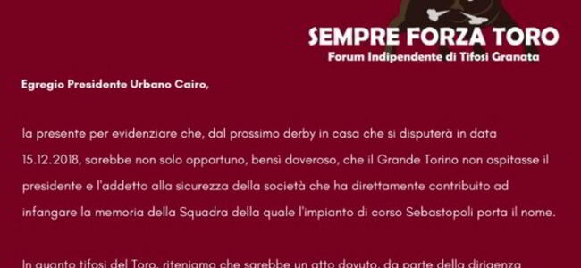 Lettera dei tifosi del Torino a Cairo: "Agnelli e D'angelo fuori dallo stadio"