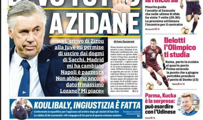 Ancelotti: "Napoli è pazzesca. Lozano mi piace. Grazie Zidanne..."