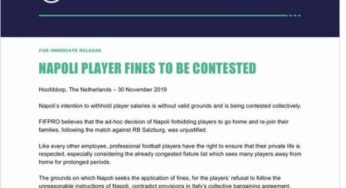 FIFPro contro la SSC Napoli, il sindacato: “Multe, le contesteremo”