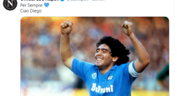 Maradona è morto, il tweet del Napoli dopo la scomparso del Pibe de Oro