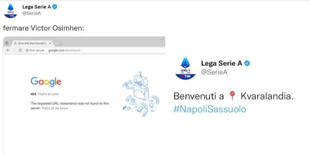 La lega di serie A omaggia il Napoli: "Anche su Google è impossibile fermare Kvara e Osimhen"