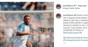Bologna-Napoli 2-2: Juan Jesus bellissimo messaggio ai tifosi