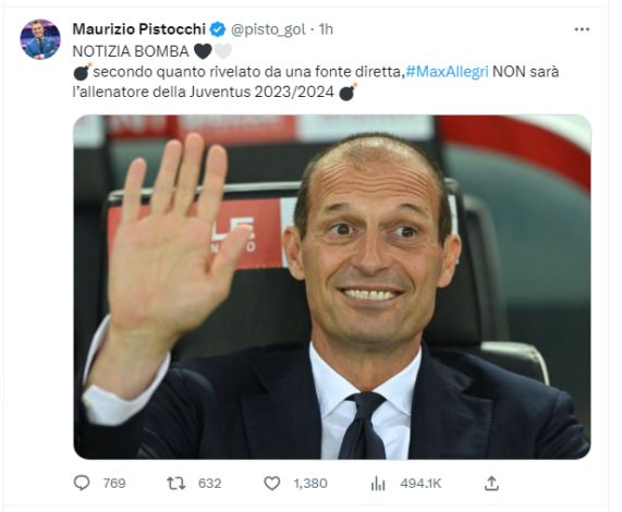 Pistocchi: "Allegri non allenerà la Juventus il prossimo anno"