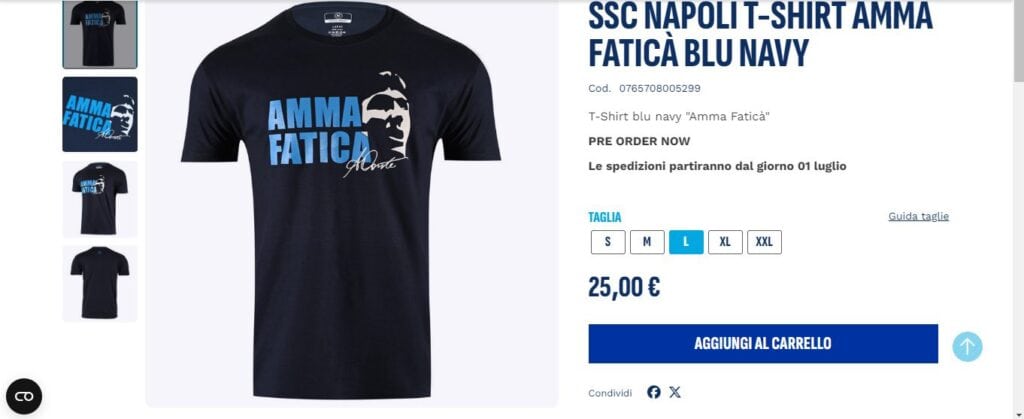 Napoli, in vendita la maglia con il motto di Conte "Amma faticà": prezzo e dettagli