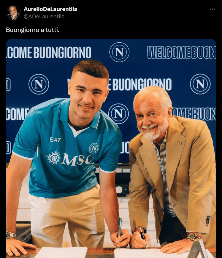 Alessandro Buongiorno è un nuovo giocatore del Napoli. ADL ufficializza il terzo colpo di mercato