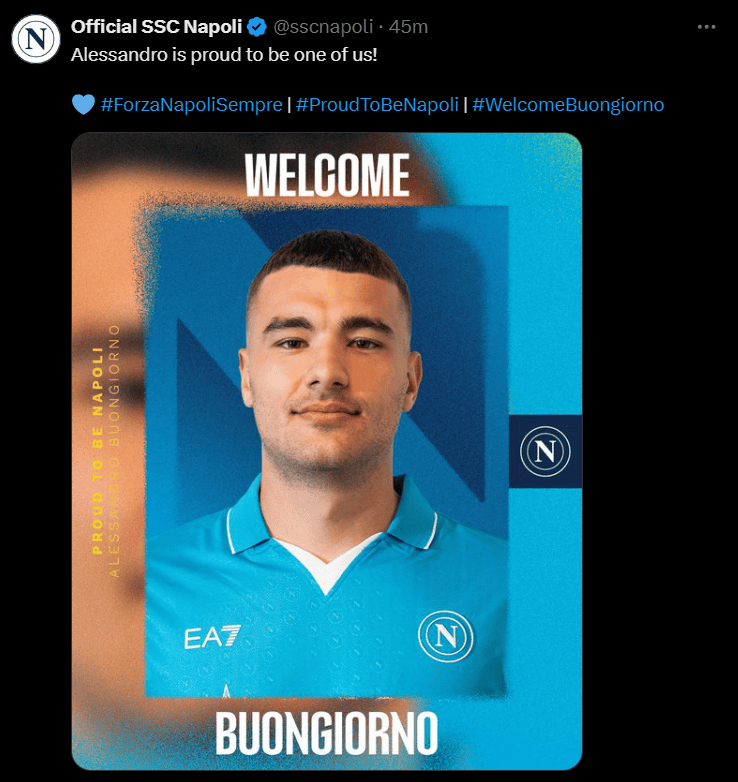 Alessandro Buongiorno è un nuovo giocatore del Napoli. ADL ufficializza il terzo colpo di mercato