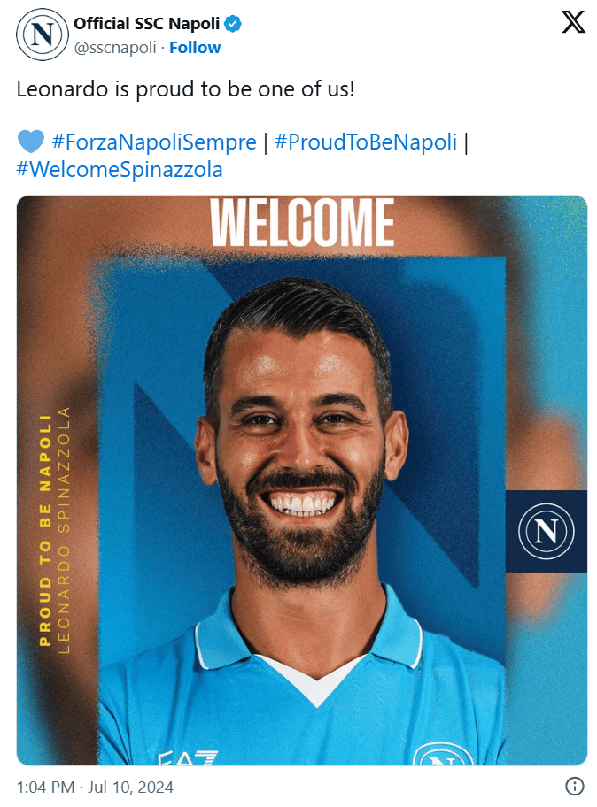 Spinazzola è un nuovo giocatore del Napoli, il tweet di ADL: "Benvenuto Leonardo!"