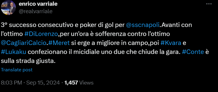 Varriale: "Meret migliore in campo, micidiale l'accoppiata Kvara-Lukaku. Conte sulla strada giusta"